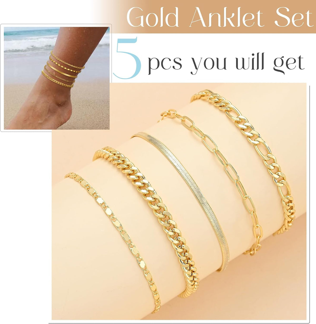 Gold Ankle Bracelets for Women, 14K Gold Plated Waterproof Cuban Link Chain Anklets Set, Layered Anklet Bracelets for Women Beach Gift Adjustable Size 5Pcs