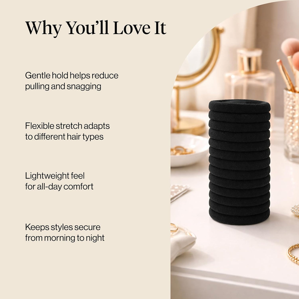 Kitsch Elastic Hair Ties No Damage | Stretchable Hair Bands - Black, 12Pcs