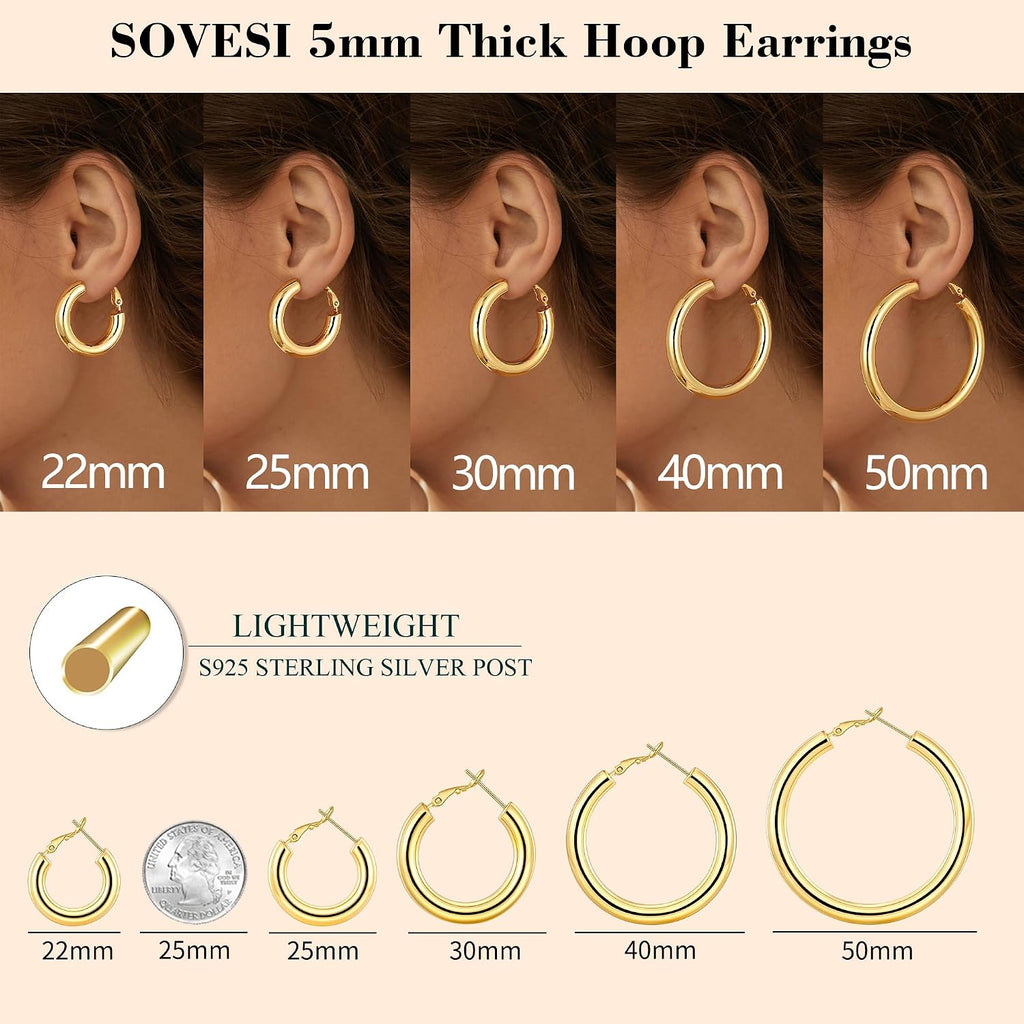 Chunky Hoop Earrings for Women, 14K Gold Plated Thick Hoops