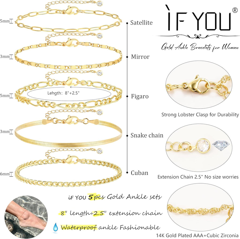 Gold Ankle Bracelets for Women, 14K Gold Plated Waterproof Cuban Link Chain Anklets Set, Layered Anklet Bracelets for Women Beach Gift Adjustable Size 5Pcs
