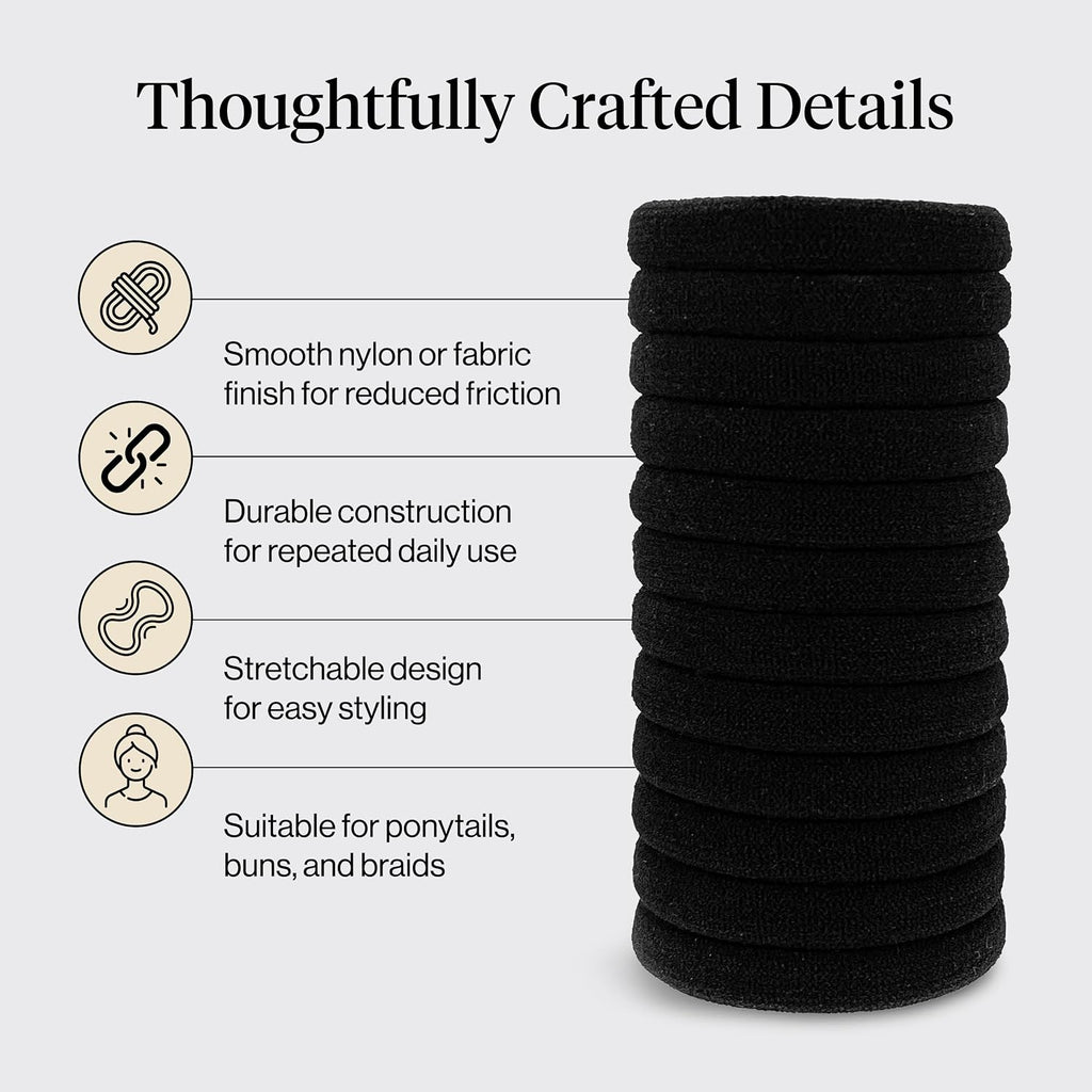 Kitsch Elastic Hair Ties No Damage | Stretchable Hair Bands - Black, 12Pcs