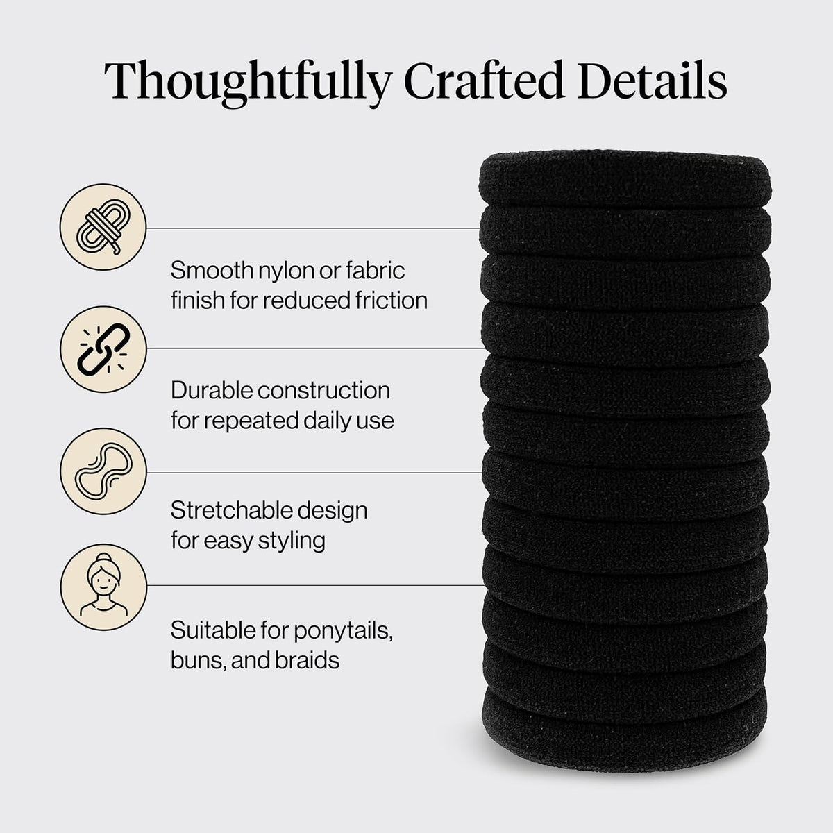 Kitsch Elastic Hair Ties No Damage | Stretchable Hair Bands - Black, 12Pcs