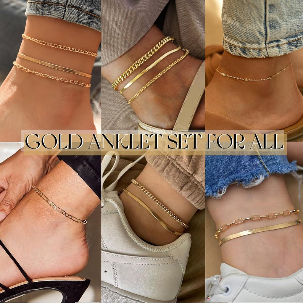 Gold Ankle Bracelets for Women, 14K Gold Plated Waterproof Cuban Link Chain Anklets Set, Layered Anklet Bracelets for Women Beach Gift Adjustable Size 5Pcs