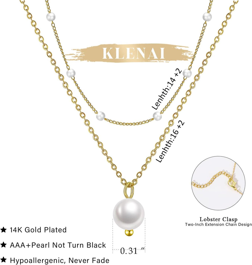 Gold Pearl Necklace for Women - 14K Gold Plated Layered Herringbone Chain Pearl Necklace, Trendy Simple Gold Jewelry Gift
