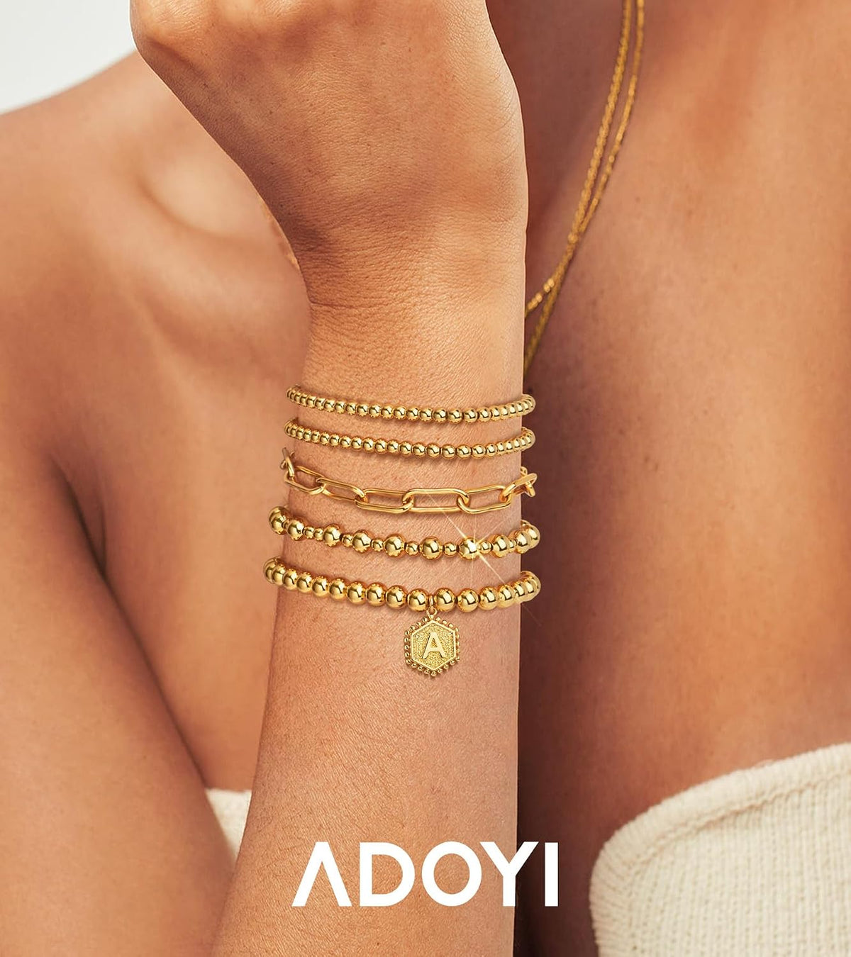 Gold Bracelets for Women Waterproof, 14K Gold Plated Beaded Strand Bead Ball Bracelets Stack Adjustable Jewelry Set for Gifts