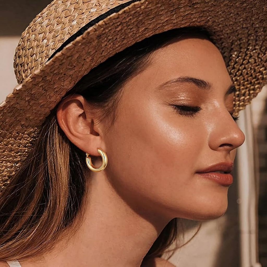 Chunky Hoop Earrings for Women, 14K Gold Plated Thick Hoops