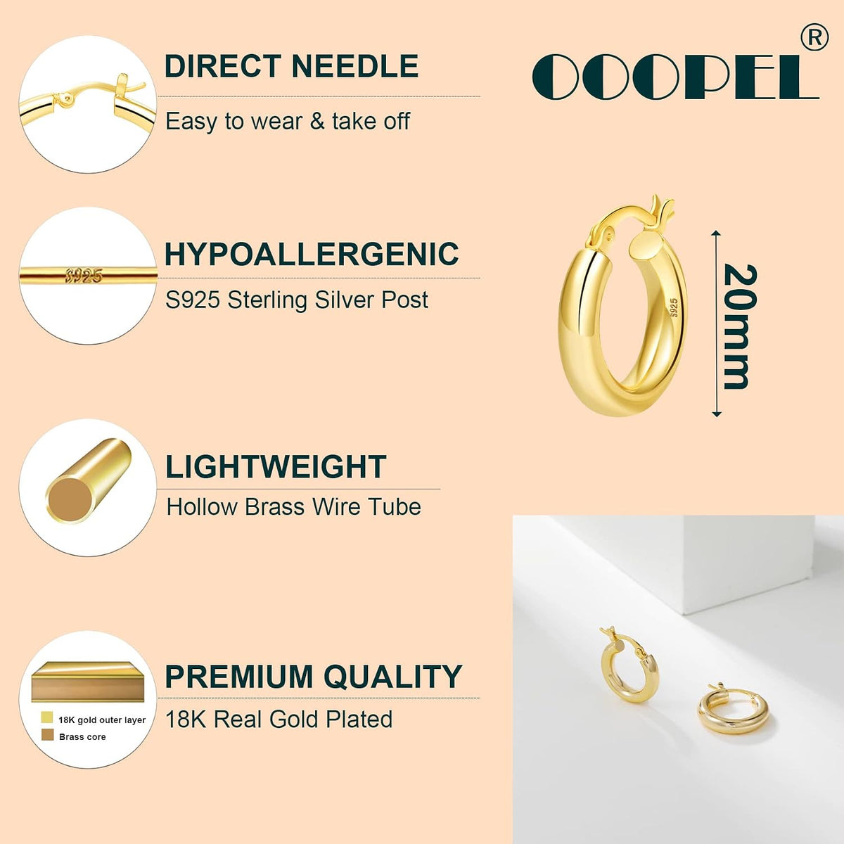 4Mm Thick Gold Chunky Earrings Steling Silver Post Hoops Earrings for Women Hollow Tube Hoops Earrings Thick Gold Hoop Earrings Hypoallergenic Lightweight Gold Hoop Large Earrings 20/30/40/50/60MM