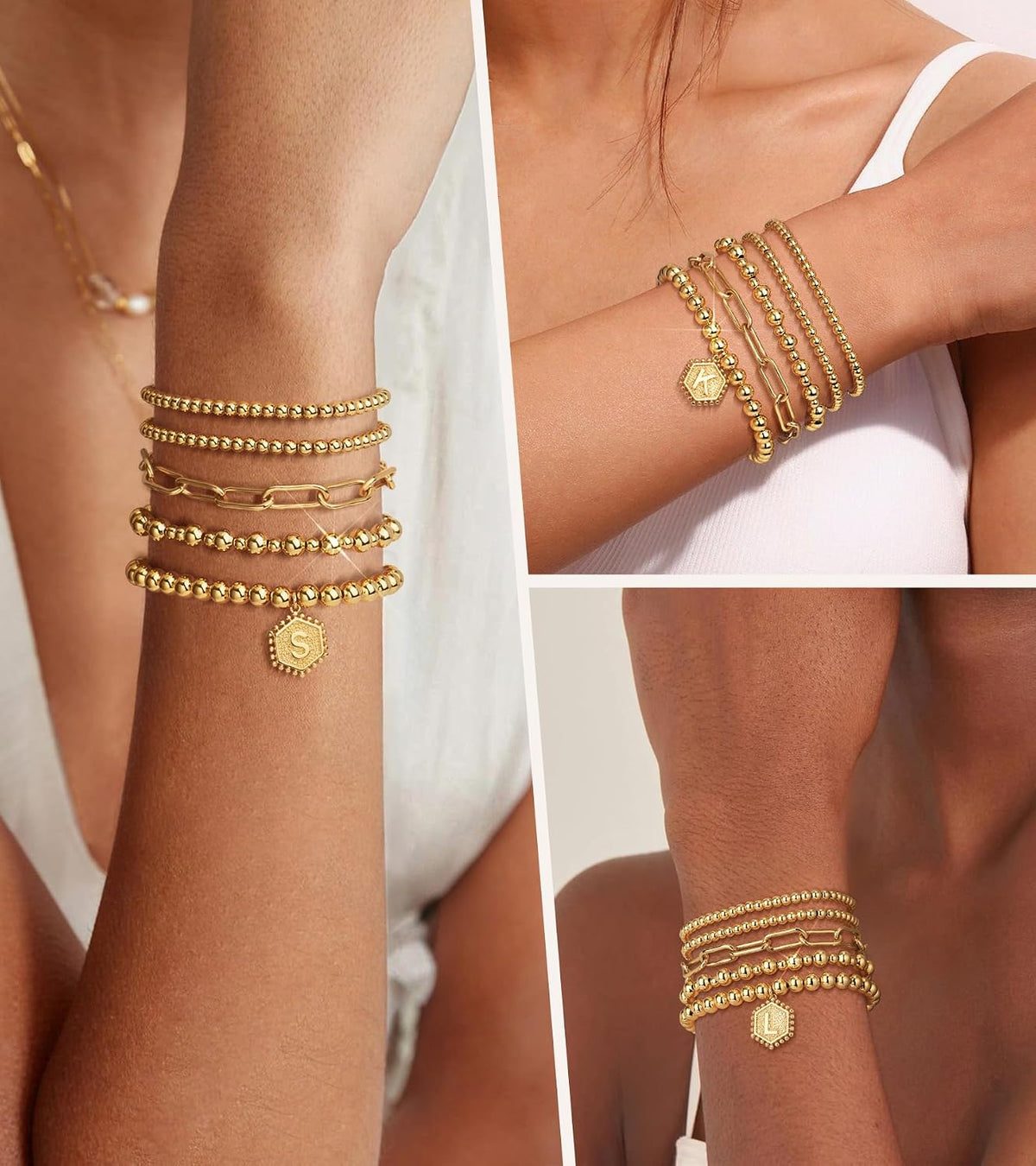 Gold Bracelets for Women Waterproof, 14K Gold Plated Beaded Strand Bead Ball Bracelets Stack Adjustable Jewelry Set for Gifts