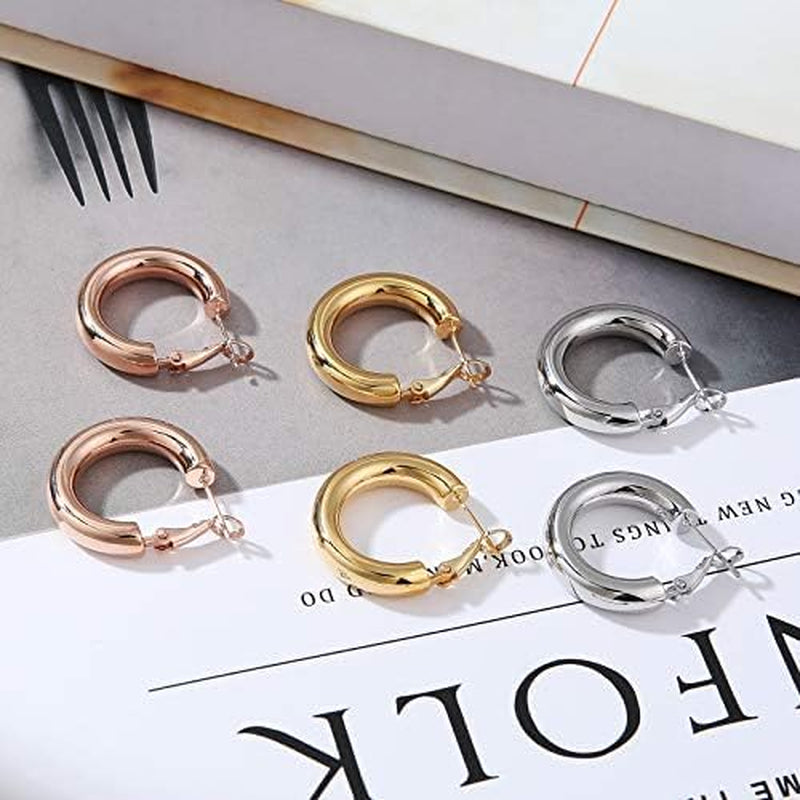 Chunky Hoop Earrings for Women, 14K Gold Plated Thick Hoops