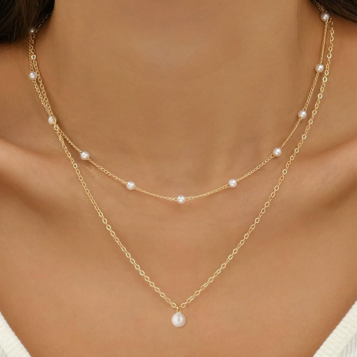 Gold Pearl Necklace for Women - 14K Gold Plated Layered Herringbone Chain Pearl Necklace, Trendy Simple Gold Jewelry Gift