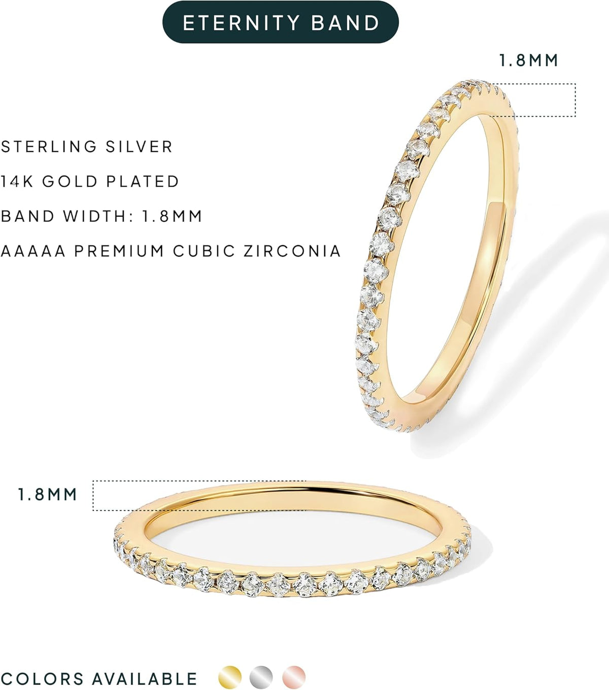925 Sterling Silver Wedding Band for Women, 14K Gold Plated CZ Ring