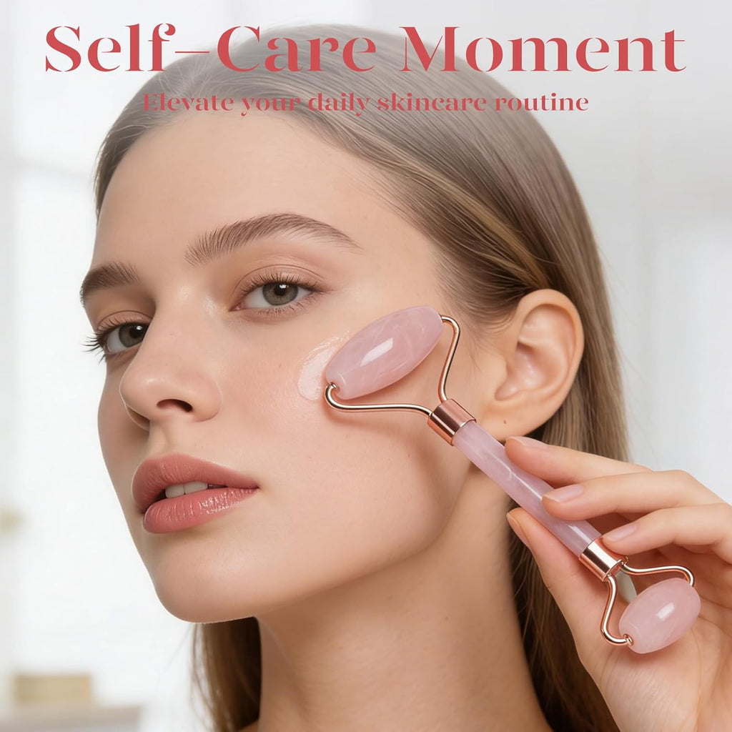 Icyme Rose Quartz Roller & Gua Sha Facial Tool Set for Depuffing