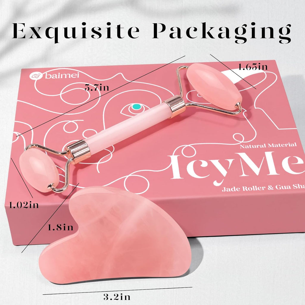 Icyme Rose Quartz Roller & Gua Sha Facial Tool Set for Depuffing