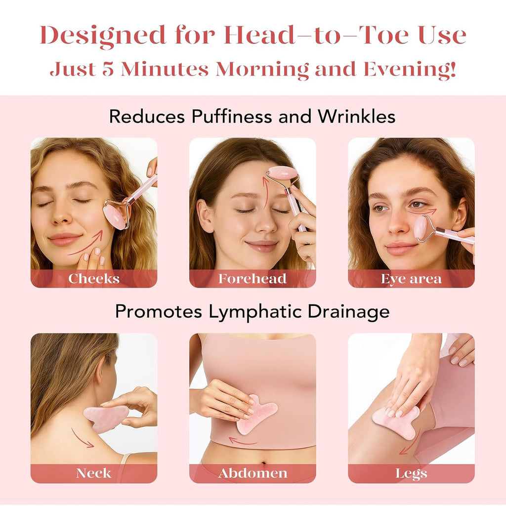 Icyme Rose Quartz Roller & Gua Sha Facial Tool Set for Depuffing