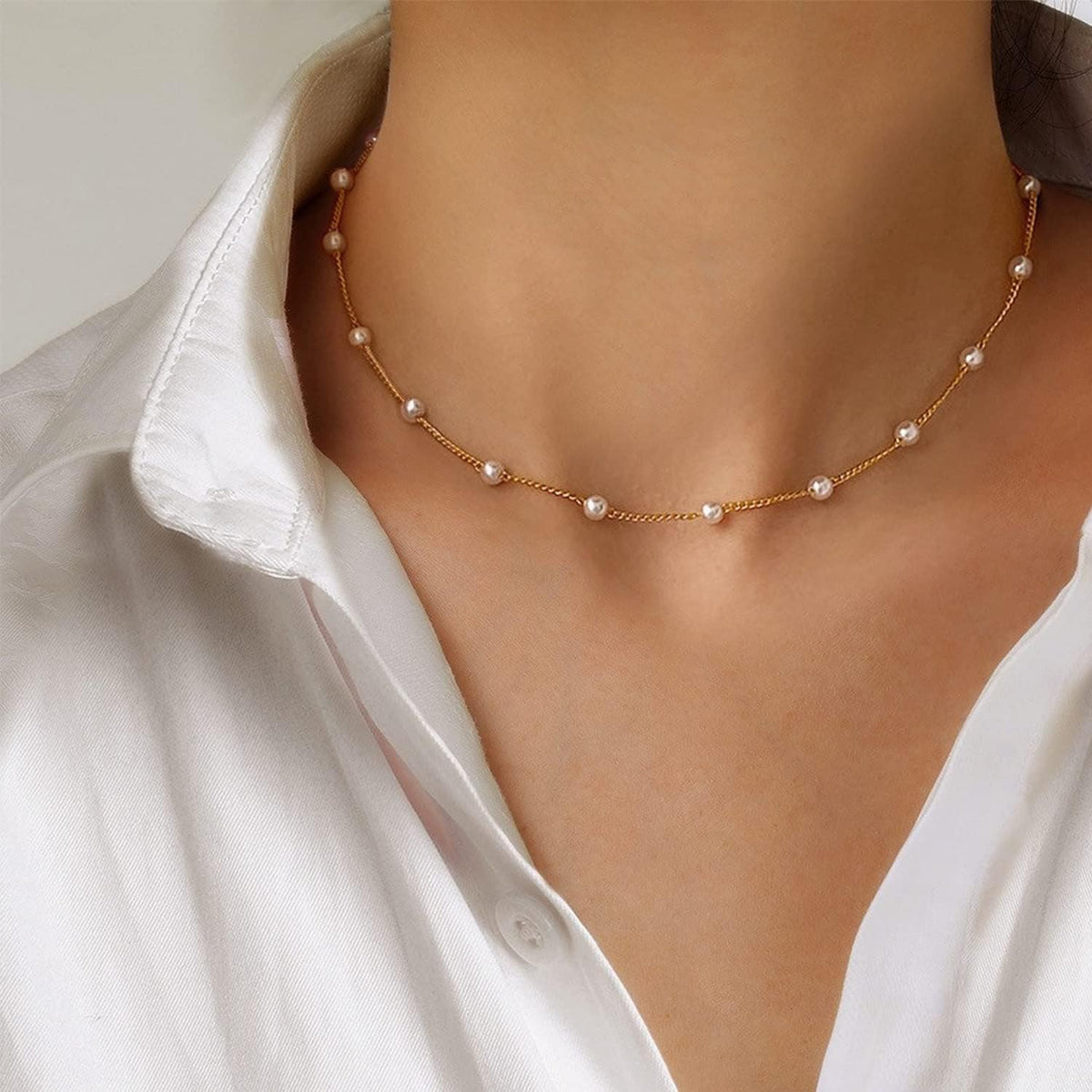 Gold Pearl Necklace for Women - 14K Gold Plated Layered Herringbone Chain Pearl Necklace, Trendy Simple Gold Jewelry Gift