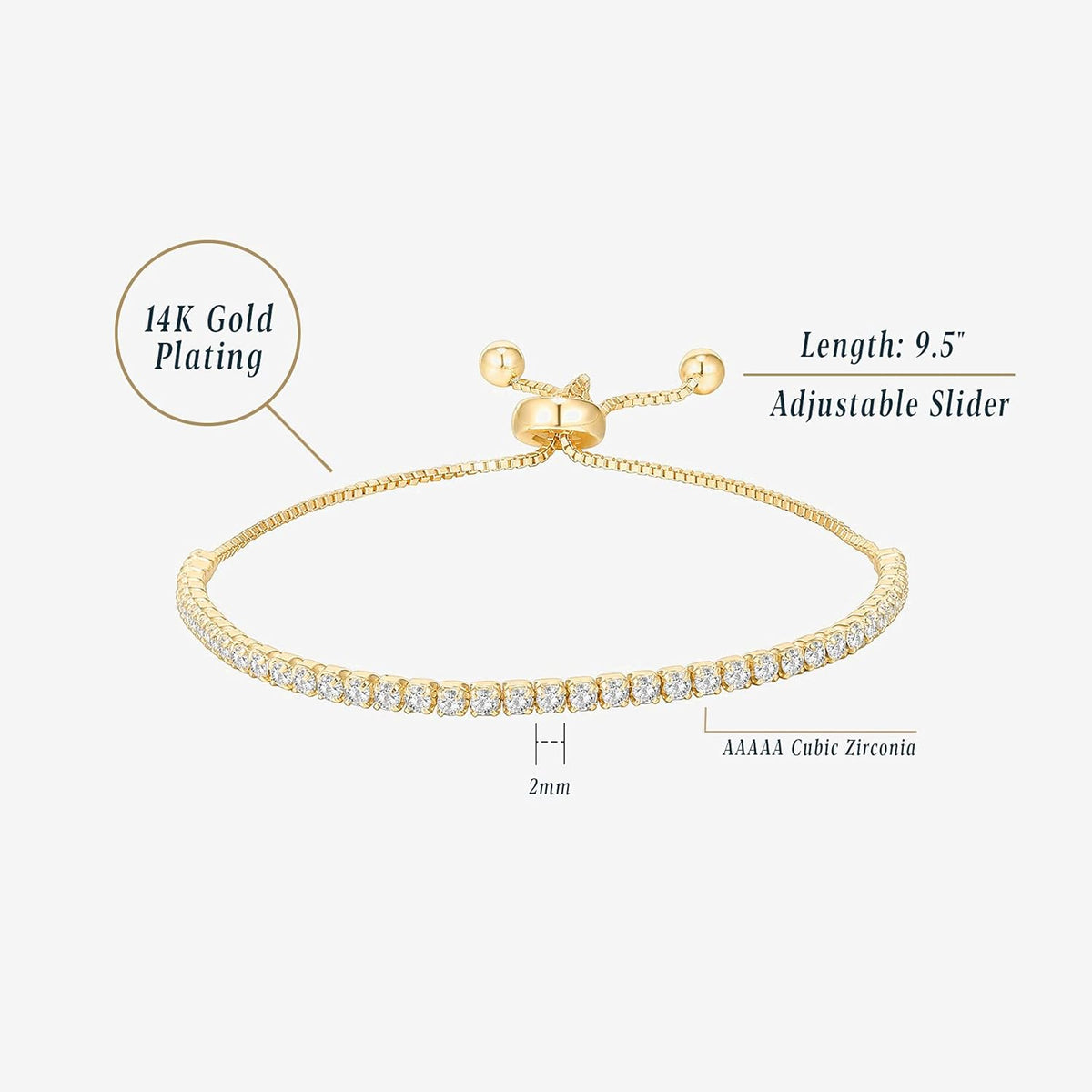 14K Gold Plated Cubic Zirconia Classic Tennis Bracelet for Women | Adjustable Slider