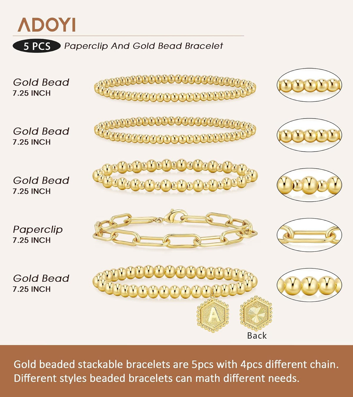 Gold Bracelets for Women Waterproof, 14K Gold Plated Beaded Strand Bead Ball Bracelets Stack Adjustable Jewelry Set for Gifts