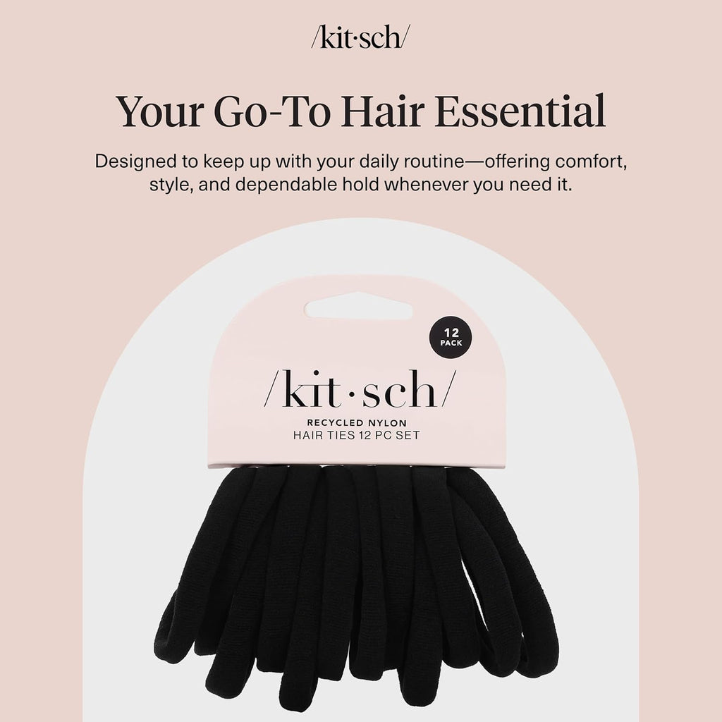 Kitsch Elastic Hair Ties No Damage | Stretchable Hair Bands - Black, 12Pcs