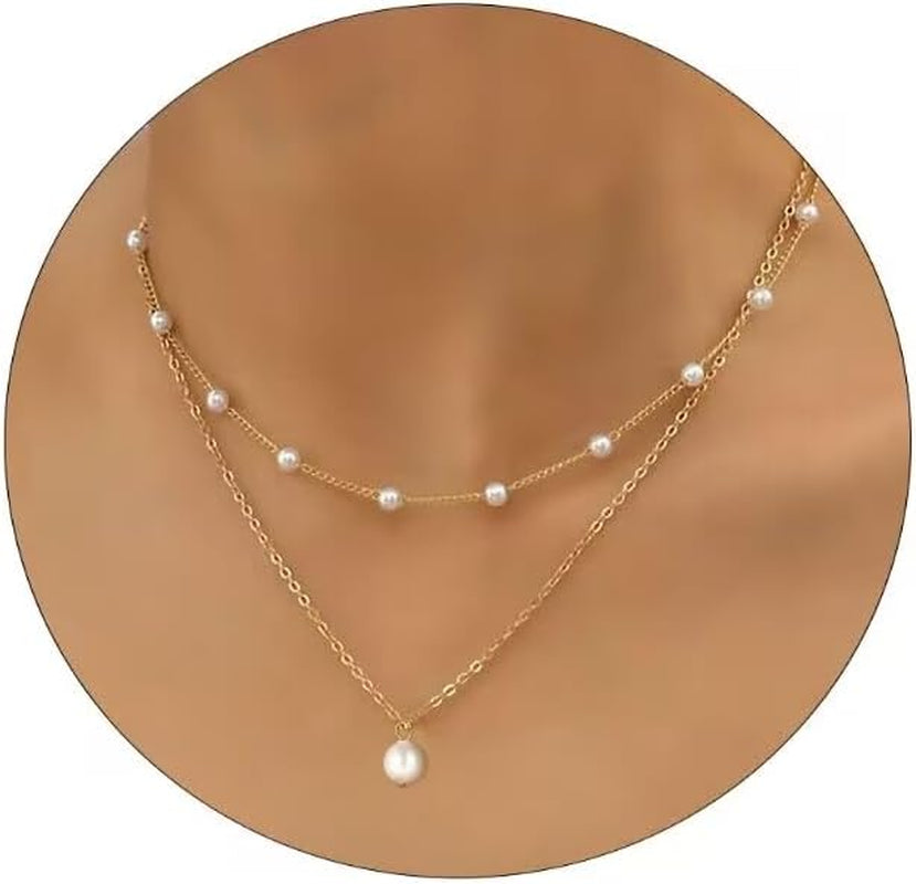 Gold Pearl Necklace for Women - 14K Gold Plated Layered Herringbone Chain Pearl Necklace, Trendy Simple Gold Jewelry Gift