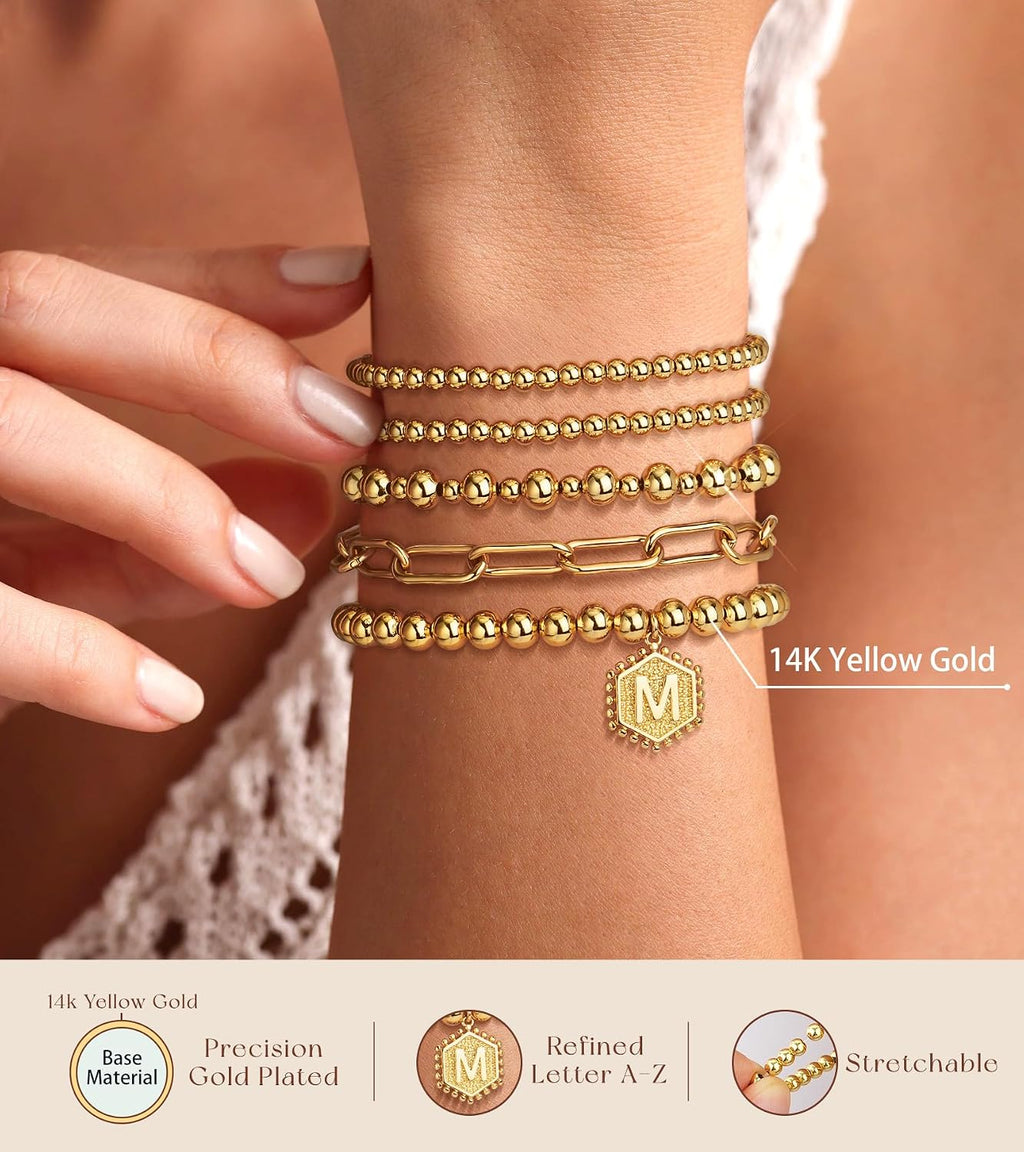 Gold Bracelets for Women Waterproof, 14K Gold Plated Beaded Strand Bead Ball Bracelets Stack Adjustable Jewelry Set for Gifts