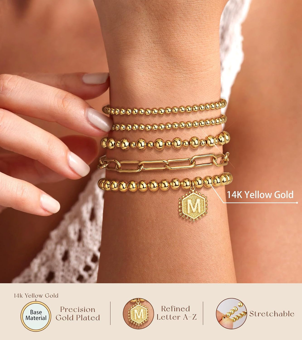 Gold Bracelets for Women Waterproof, 14K Gold Plated Beaded Strand Bead Ball Bracelets Stack Adjustable Jewelry Set for Gifts