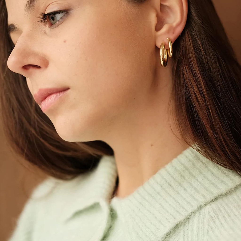 4Mm Thick Gold Chunky Earrings Steling Silver Post Hoops Earrings for Women Hollow Tube Hoops Earrings Thick Gold Hoop Earrings Hypoallergenic Lightweight Gold Hoop Large Earrings 20/30/40/50/60MM