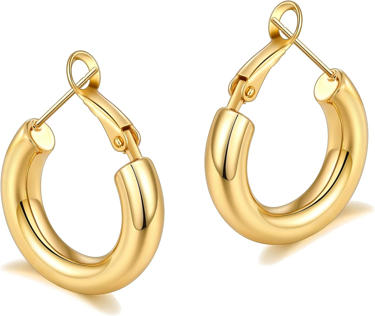 Chunky Hoop Earrings for Women, 14K Gold Plated Thick Hoops