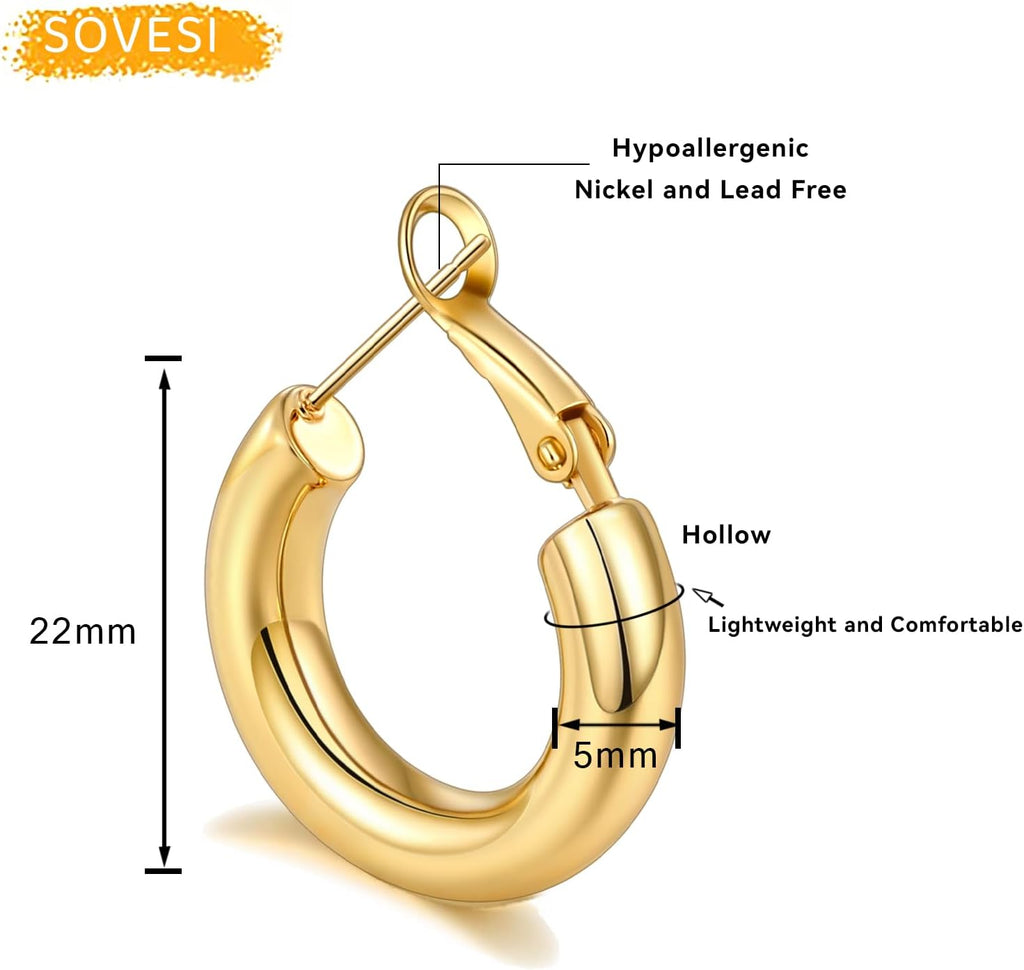 Chunky Hoop Earrings for Women, 14K Gold Plated Thick Hoops