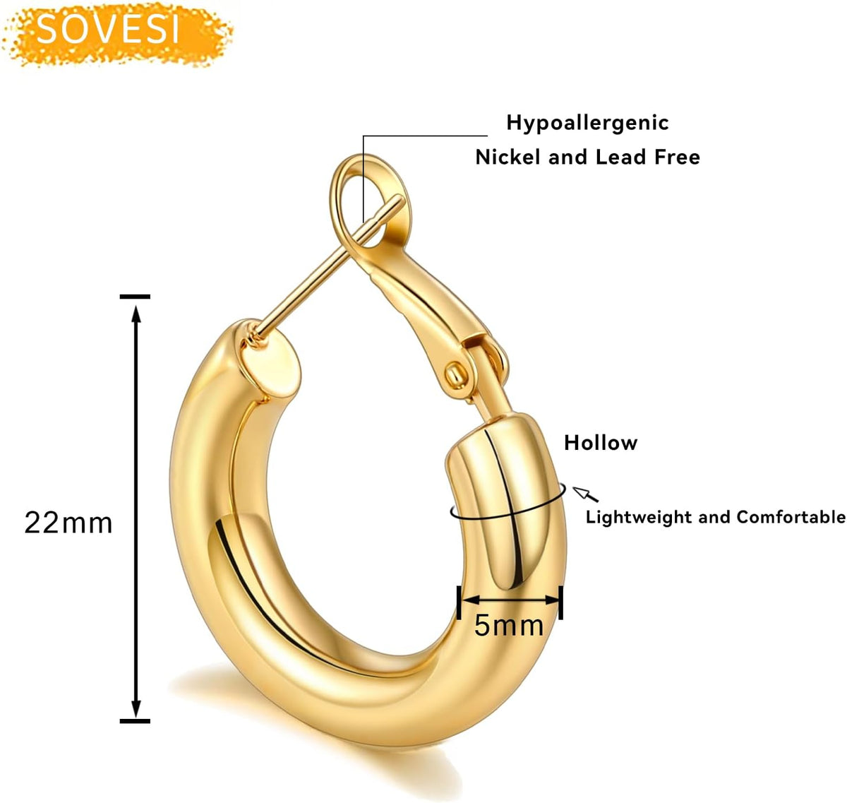 Chunky Hoop Earrings for Women, 14K Gold Plated Thick Hoops