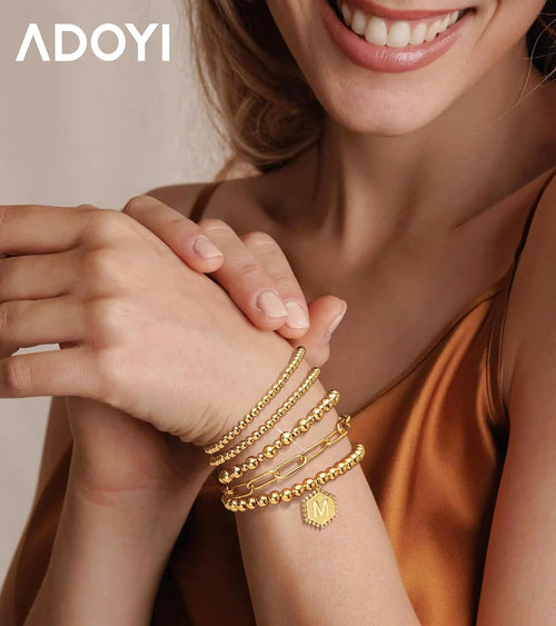 Gold Bracelets for Women Waterproof, 14K Gold Plated Beaded Strand Bead Ball Bracelets Stack Adjustable Jewelry Set for Gifts