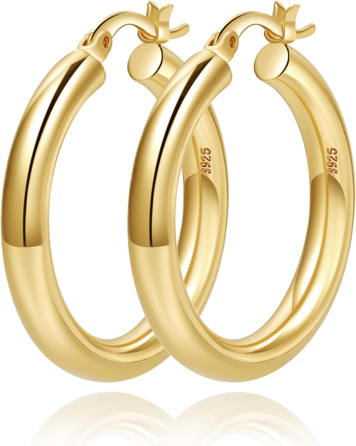 4Mm Thick Gold Chunky Earrings Steling Silver Post Hoops Earrings for Women Hollow Tube Hoops Earrings Thick Gold Hoop Earrings Hypoallergenic Lightweight Gold Hoop Large Earrings 20/30/40/50/60MM