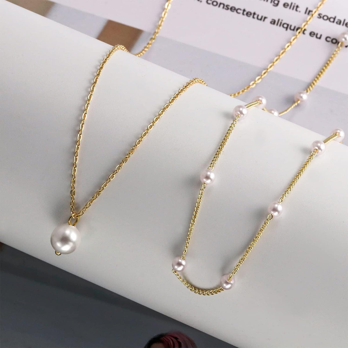 Gold Pearl Necklace for Women - 14K Gold Plated Layered Herringbone Chain Pearl Necklace, Trendy Simple Gold Jewelry Gift