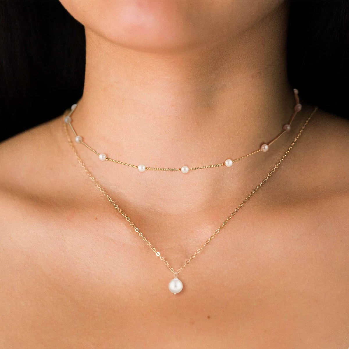 Gold Pearl Necklace for Women - 14K Gold Plated Layered Herringbone Chain Pearl Necklace, Trendy Simple Gold Jewelry Gift