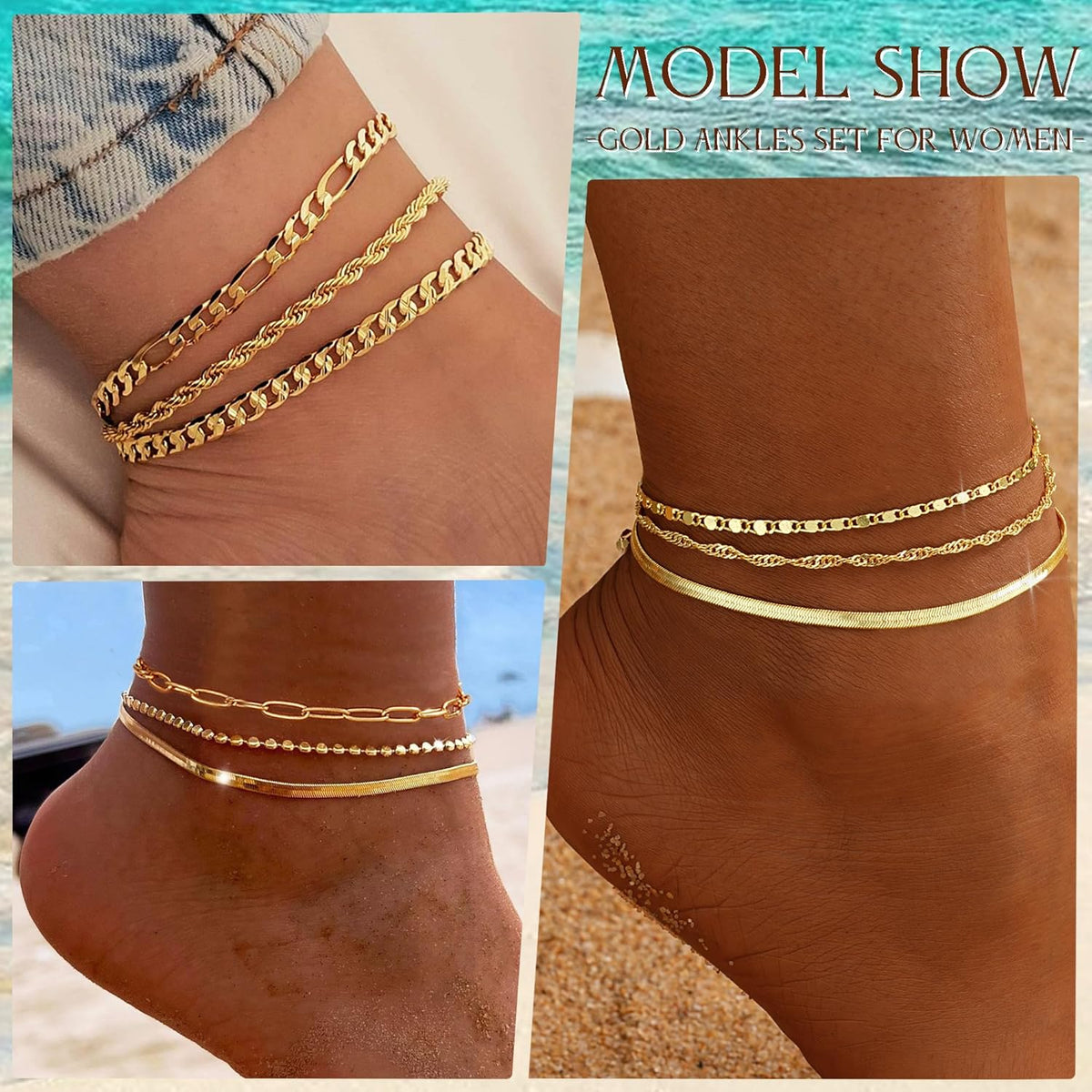 Gold Ankle Bracelets for Women, 14K Gold Plated Waterproof Cuban Link Chain Anklets Set, Layered Anklet Bracelets for Women Beach Gift Adjustable Size 5Pcs