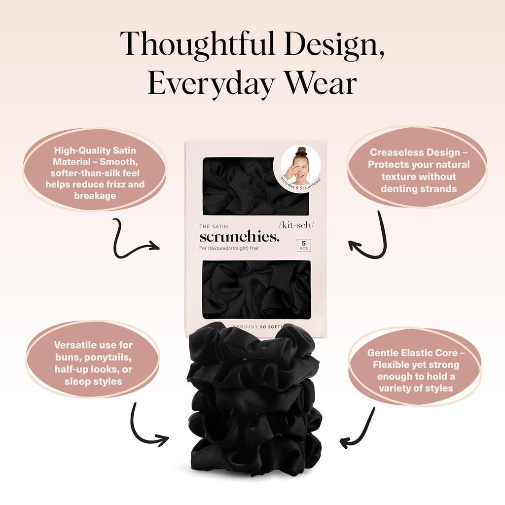 Kitsch Satin Scrunchies for Women | for All Hair Types - Black, 5Pcs