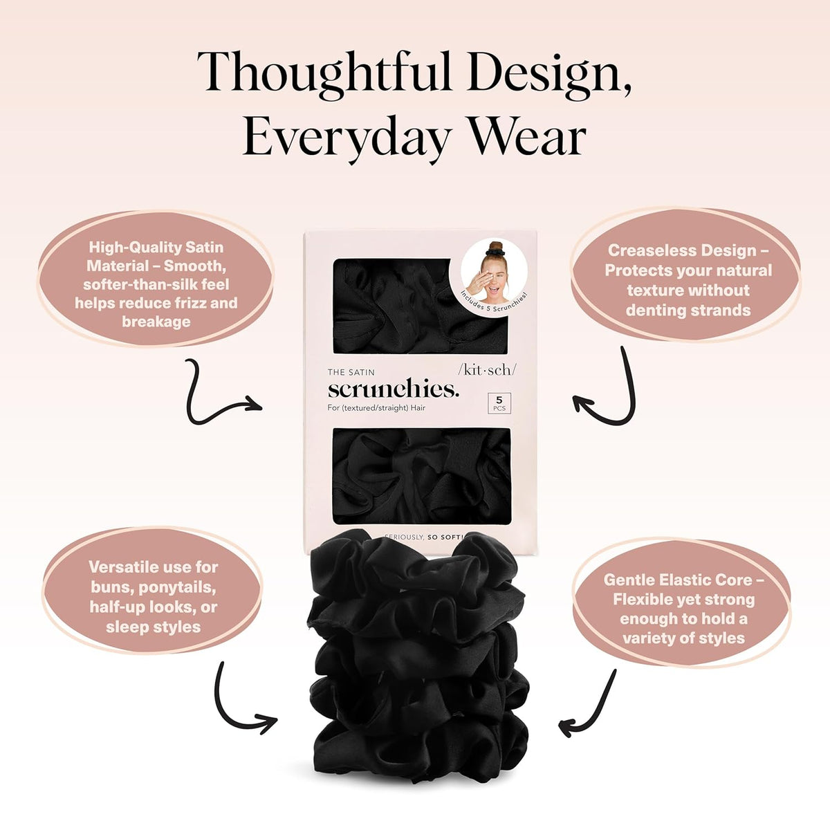 Kitsch Satin Scrunchies for Women | for All Hair Types - Black, 5Pcs