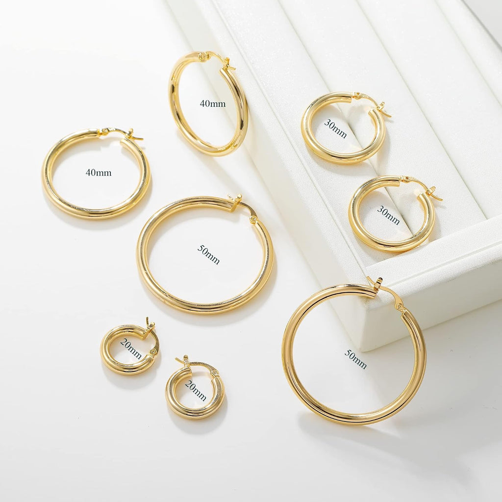 4Mm Thick Gold Chunky Earrings Steling Silver Post Hoops Earrings for Women Hollow Tube Hoops Earrings Thick Gold Hoop Earrings Hypoallergenic Lightweight Gold Hoop Large Earrings 20/30/40/50/60MM